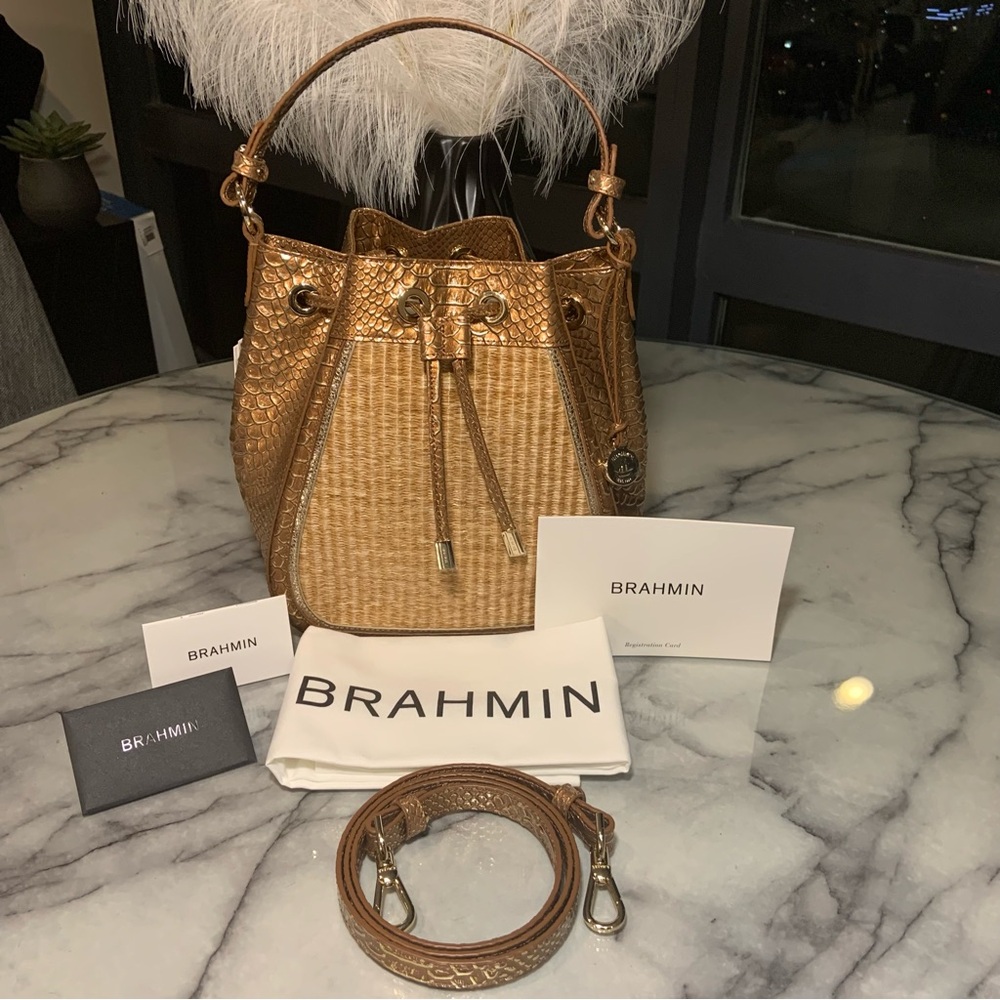 Brahmin Melinda Honey Brown Sandalwood Bucket Bag NWT